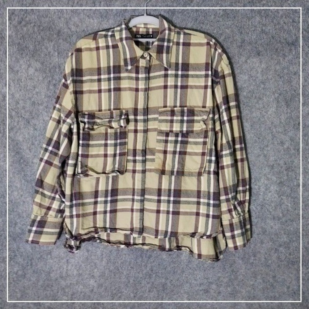 Zara Shirt Women S Beige Plaid Flannel Boyfriend Cargo Pocket Grunge Gorpcore